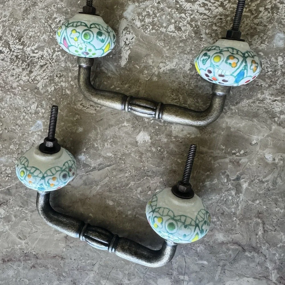 Lot 8 Hand Painted Ceramic & Brass Boho Colorful Cabinet / Drawer /Dresser Pulls
